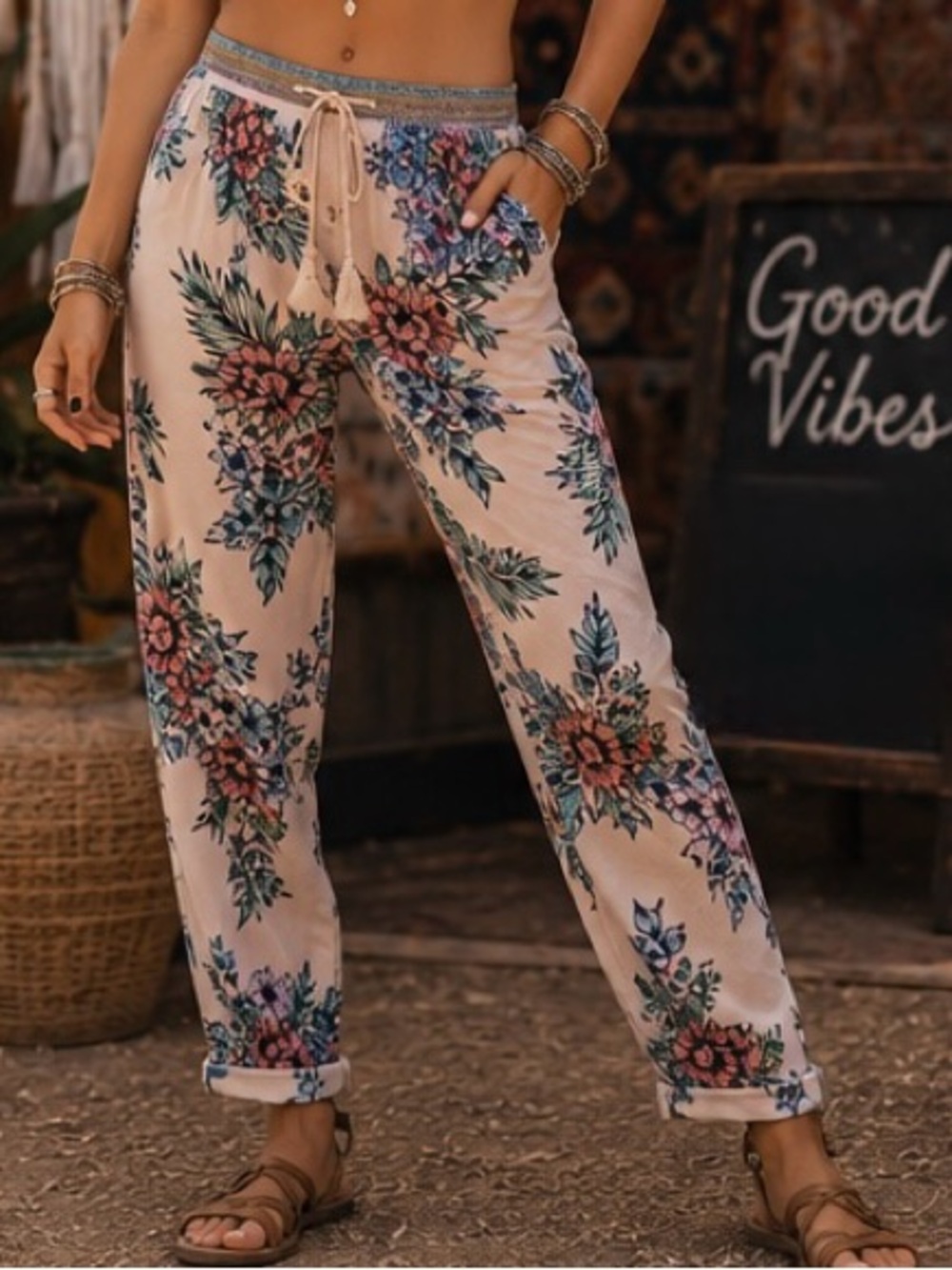 Vintage America Tropical Floral Boho Lounge Pants Tassel Tie Festival Pants SZ L